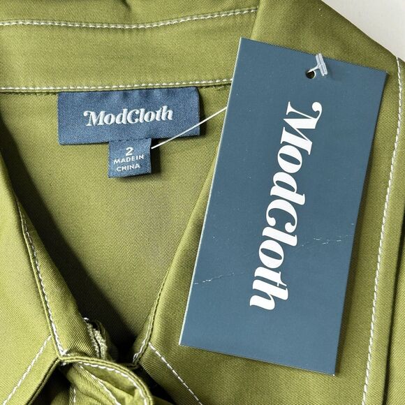 Modcloth Retro Mini Shirt Dress Belted Button Up Short Sleeve Green Women 2 NWT - Picture 2 of 11